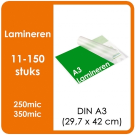 Lamineren (plastificeren) Formaat 	A3 | 210 x 420 mm Uitvoering : dubbelzijdig glans of mat. Prijs Per stuk, Prijs exclusief drukwerk. prijsgroep voor 11 - 150 stuks.