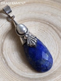 Facet geslepen Lapis Lazuli hanger met zoetwaterparel, 925 zilver