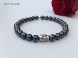 Armband met Hematiet 6 mm ronde kralen en zilver kleurige skull