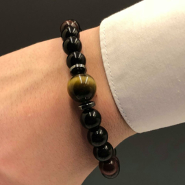 Heren armband tijgeroog zwarte obsidiaan