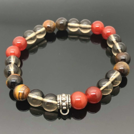 Handgemaakte armband met 8 mm rookkwarts, carneool en tijgeroog kralen.