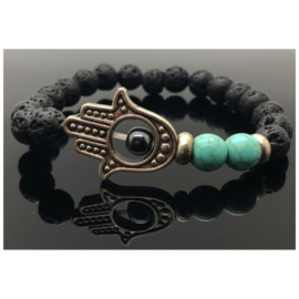 Handgemaakte beschermende Hamsa/Fatima's hand armband met 8 mm Lava stone, Turqueniet kralen en een 4 mm Hematiet kraal.