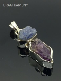 925 Zilveren hanger met ruwe Amethyst en ruwe Tanzaniet.