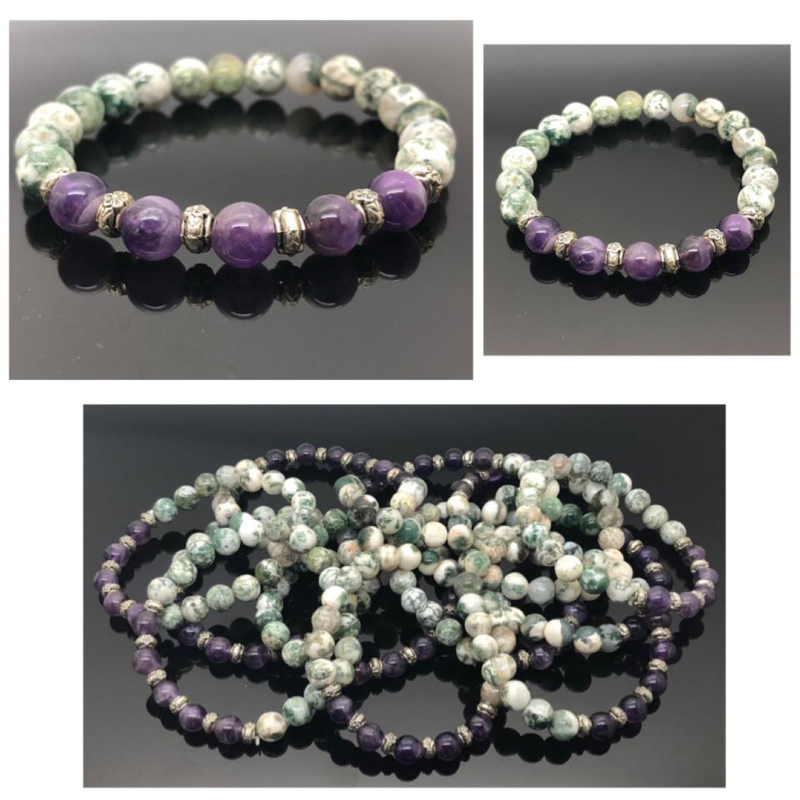 Handgemaakte armband met 8 mm amethyst/amethist en boomagaat kralen.