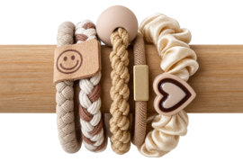 Boho Love & Smile Elastiekjes | 5-delige Set Beige & Gold