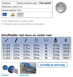 Solide 3-delige touwoptrekladder 3 x 16 sporten, met stabiliteitsbalk