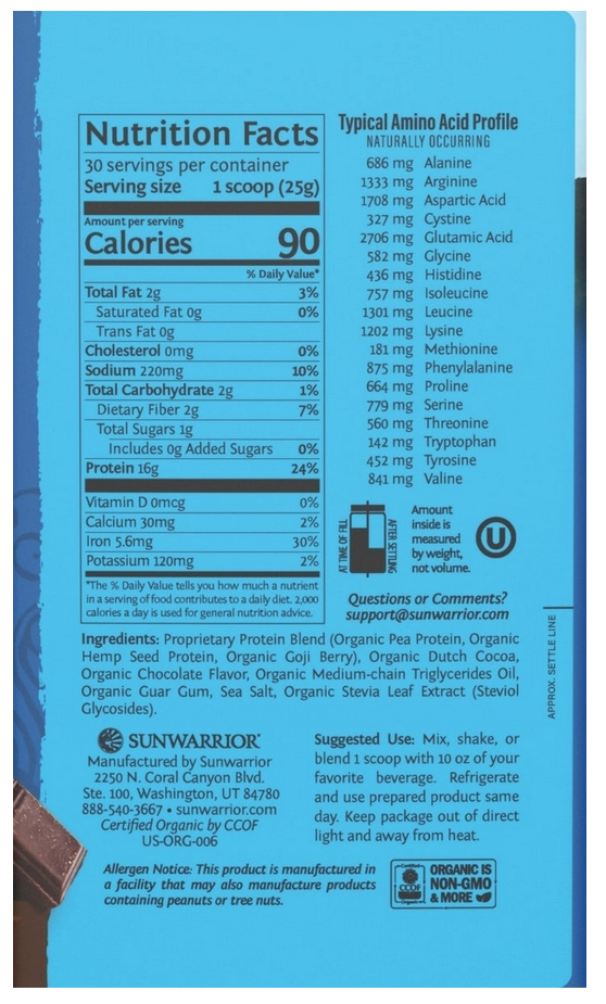 Sunwarrior Classic Plus Biologische Proteïne Chocolade 750 Gram
