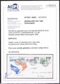NEDERLAND 1950 FDC E1 A ZOMERZEGELS OPEN KLEP + CERTIFICAAT VLEEMING