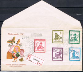 NEDERLAND 1950 FDC E4 KIND OPEN KLEP AANGETEKEND