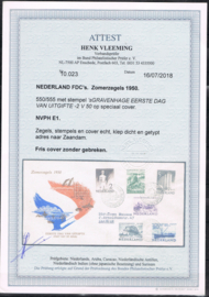 NEDERLAND 1950 FDC E1 ZOMERZEGELS GESLOTEN KLEP + CERTIFICAAT VLEEMING