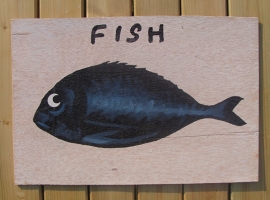 Schilderijtje Fish , zwart/wit, op hardboard 30 x 45 cm