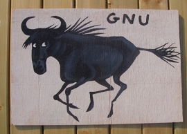 Schilderijtje Gnu, zwart/wit, op hardboard 30 x 45 cm