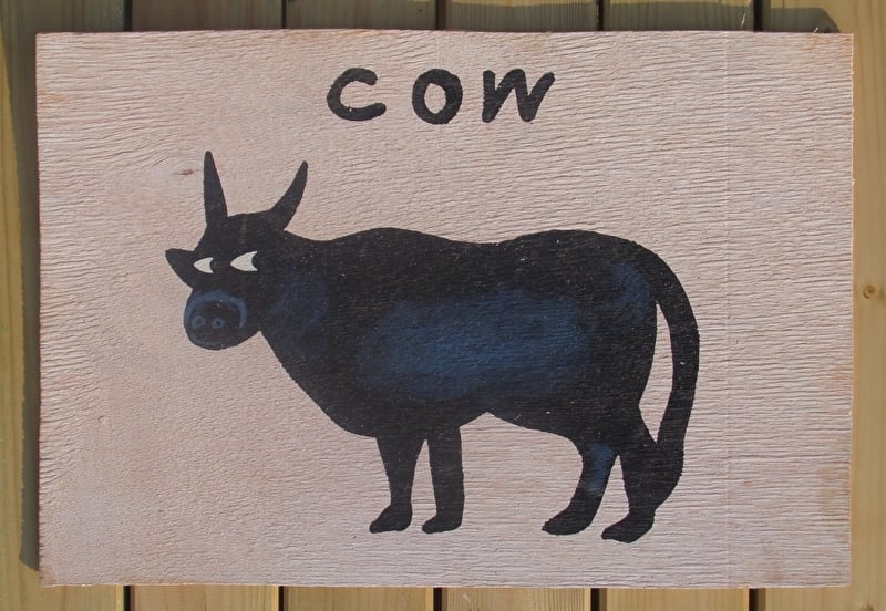 Schilderijtje Cow, zwart/wit, op hardboard 30 x 45 cm