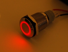 Waterproof Metal On/Off Switch with Red  LED Ring - 16mm