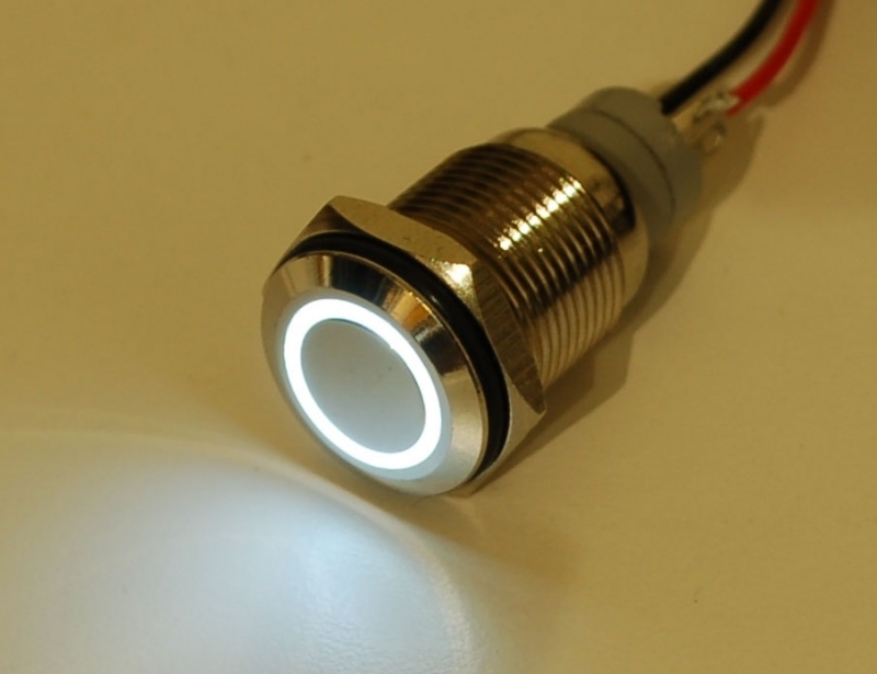 Waterproof Metal On/Off Switch with White LED Ring - 16mm