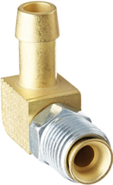 Fitting, Adapter, Inverted Flare to Hose Barb, 90 Degree, Brass, Natural, 5/8-18 in. Inverted Flare, 3/8 in