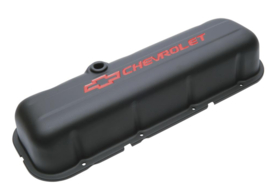 Valve Covers, Tall, Steel, Black Wrinkle, Red Chevrolet Logo, Chevy, Big Block, Pair