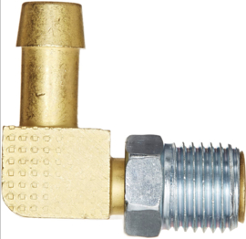 Fitting, Adapter, Inverted Flare to Hose Barb, 90 Degree, Brass, Natural, 5/8-18 in. Inverted Flare, 3/8 in
