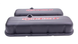 Valve Covers, Tall, Steel, Black Wrinkle, Red Chevrolet Logo, Chevy, Big Block, Pair