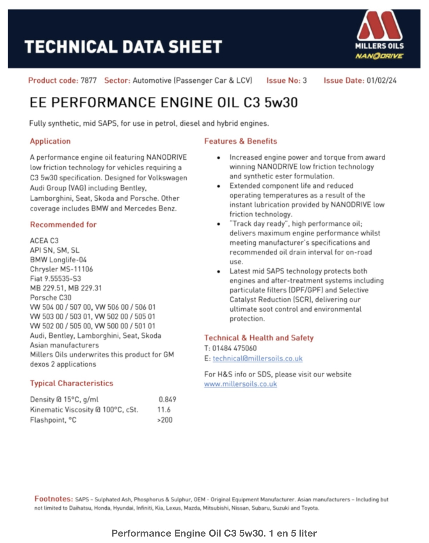 Performance Engine Oil C3 5w30.  / 5 liter