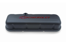 Valve Covers, Tall, Steel, Black Wrinkle, Red Chevrolet Logo, Chevy, Big Block, Pair