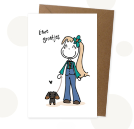 Wenskaart meisje met teckel - Lieve groetjes