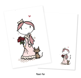 Wenskaart - Meisje met kat en boeket rozen