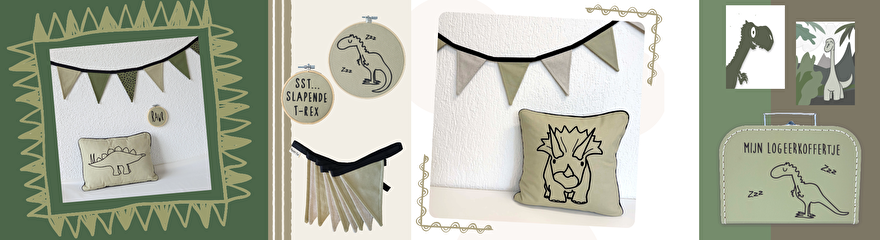 Collage dino's op safari collectie: avontuurlijke en stoere handgemaakte decoraties voor de kinderkamer van planet puk