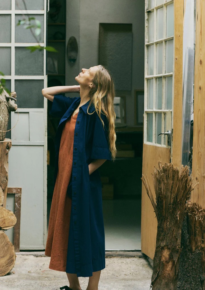 Toast Pleated Organic Cotton Linen Dress Mid Blue