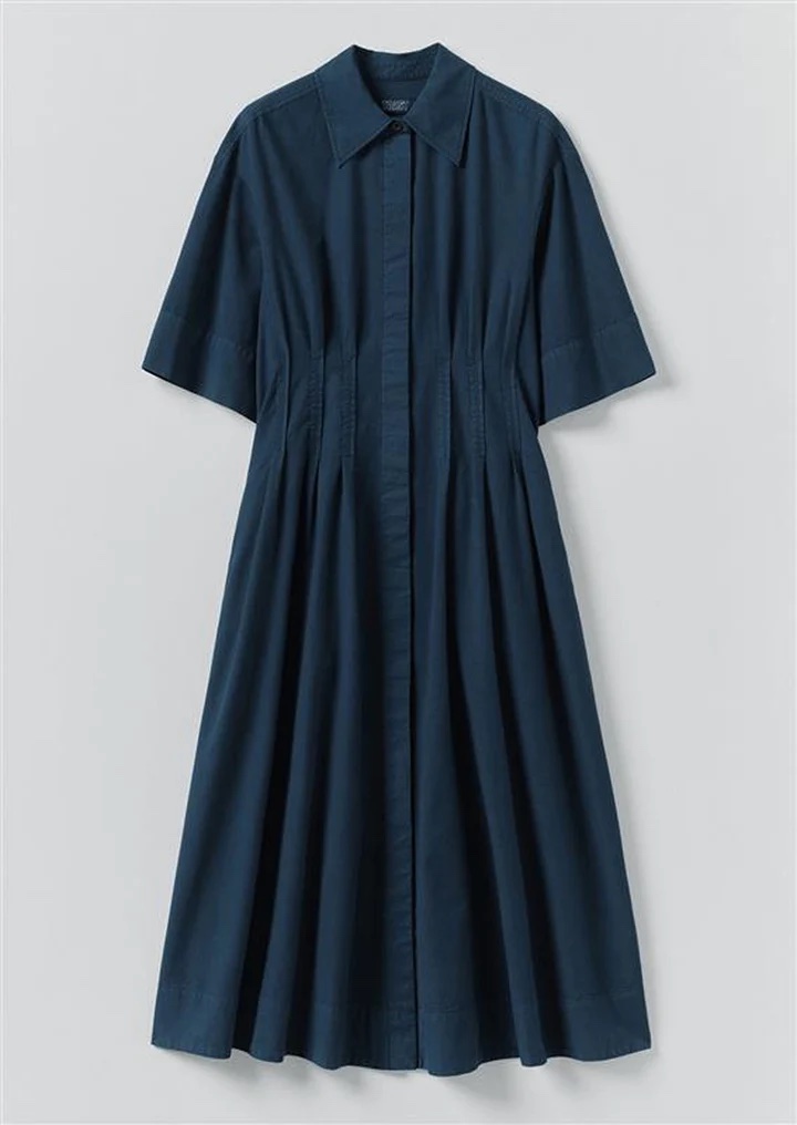 Toast Pleated Organic Cotton Linen Dress Mid Blue