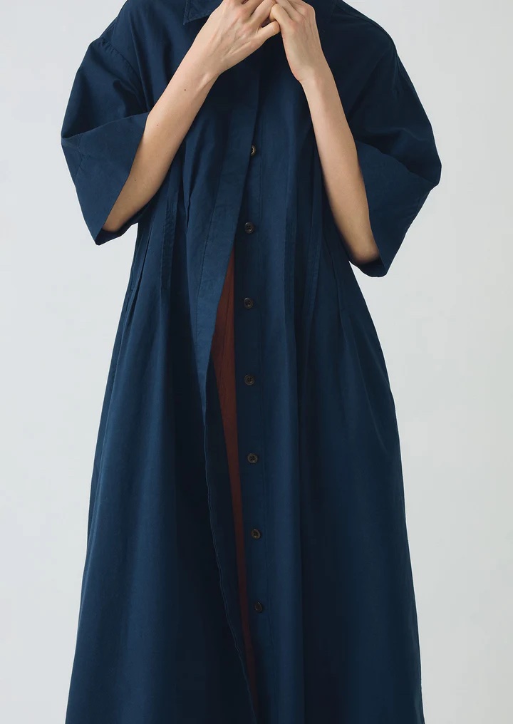 Toast Pleated Organic Cotton Linen Dress Mid Blue