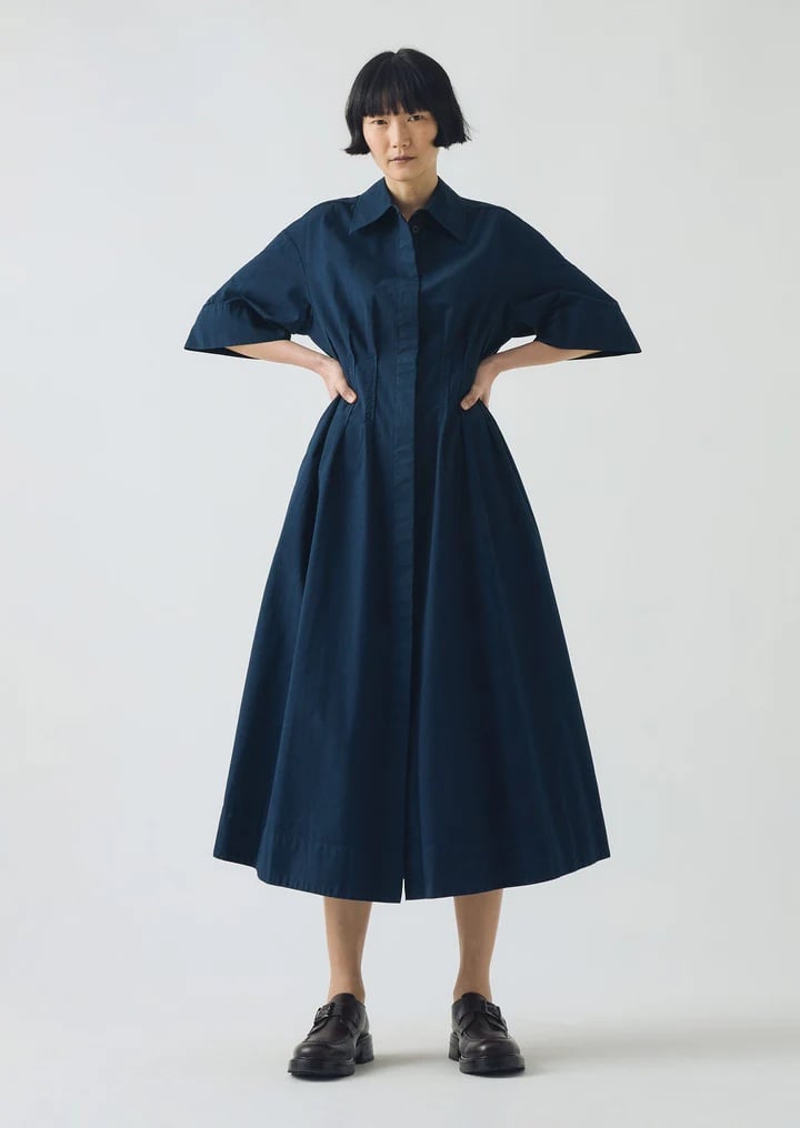 Toast Pleated Organic Cotton Linen Dress Mid Blue