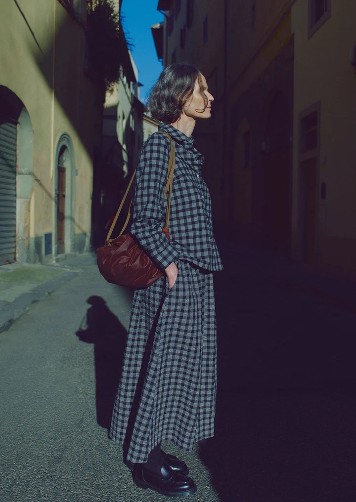 Toast Binding Check Cotton Wool Gathered Skirt