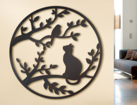 Wanddeco – Levensboom poes met vogeltje