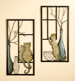 Muurdecoratie met katten – set van 2 metalen luiken