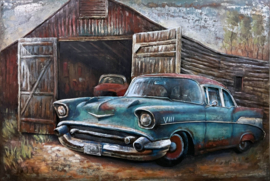 Blauwe chevrolet auto, schilderij van metaal