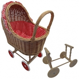 Rieten poppenwagen ruit rood wit