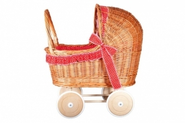 Rieten poppenwagen stip rood wit