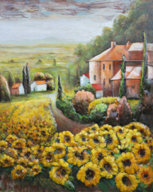 Zonnebloemen, schilderij van metaal