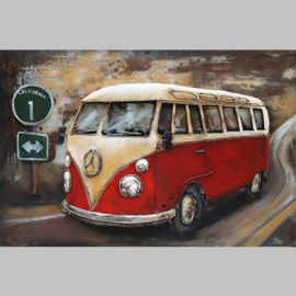 Rode Volkswagenbus, VW T1 SAMBA, schilderij van metaal