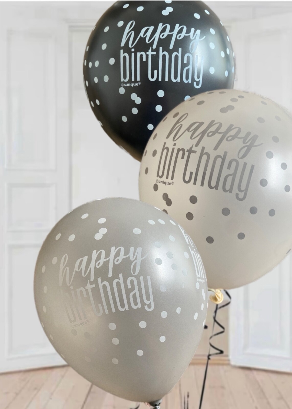 Happy Birthday ballonnen zwart wit zilver