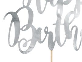 Taart topper Happy Birthday  zilver kleurig