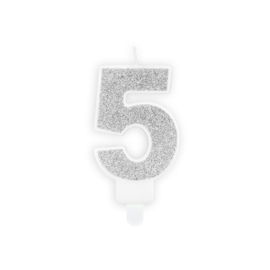 Cijfer kaarsje "5" zilver glitters