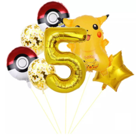 Pikachu 8 delige ballonnen set cijfer 5  XL