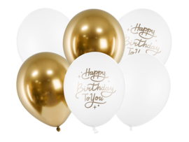 Ballonnen set goud-wit Happy Birthday