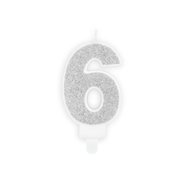 Cijfer kaarsje "6" zilver glitters