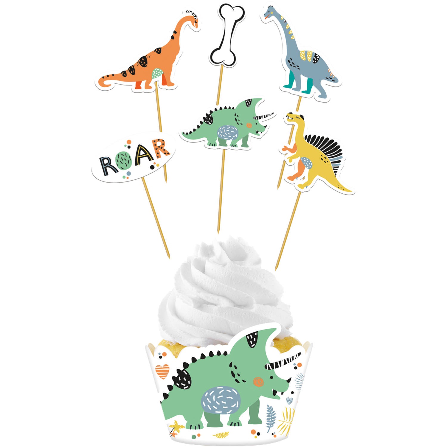 Decoratieset voor 6 dino cupcake traktaties