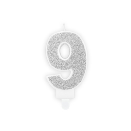 Cijfer kaarsje "9" zilver glitter