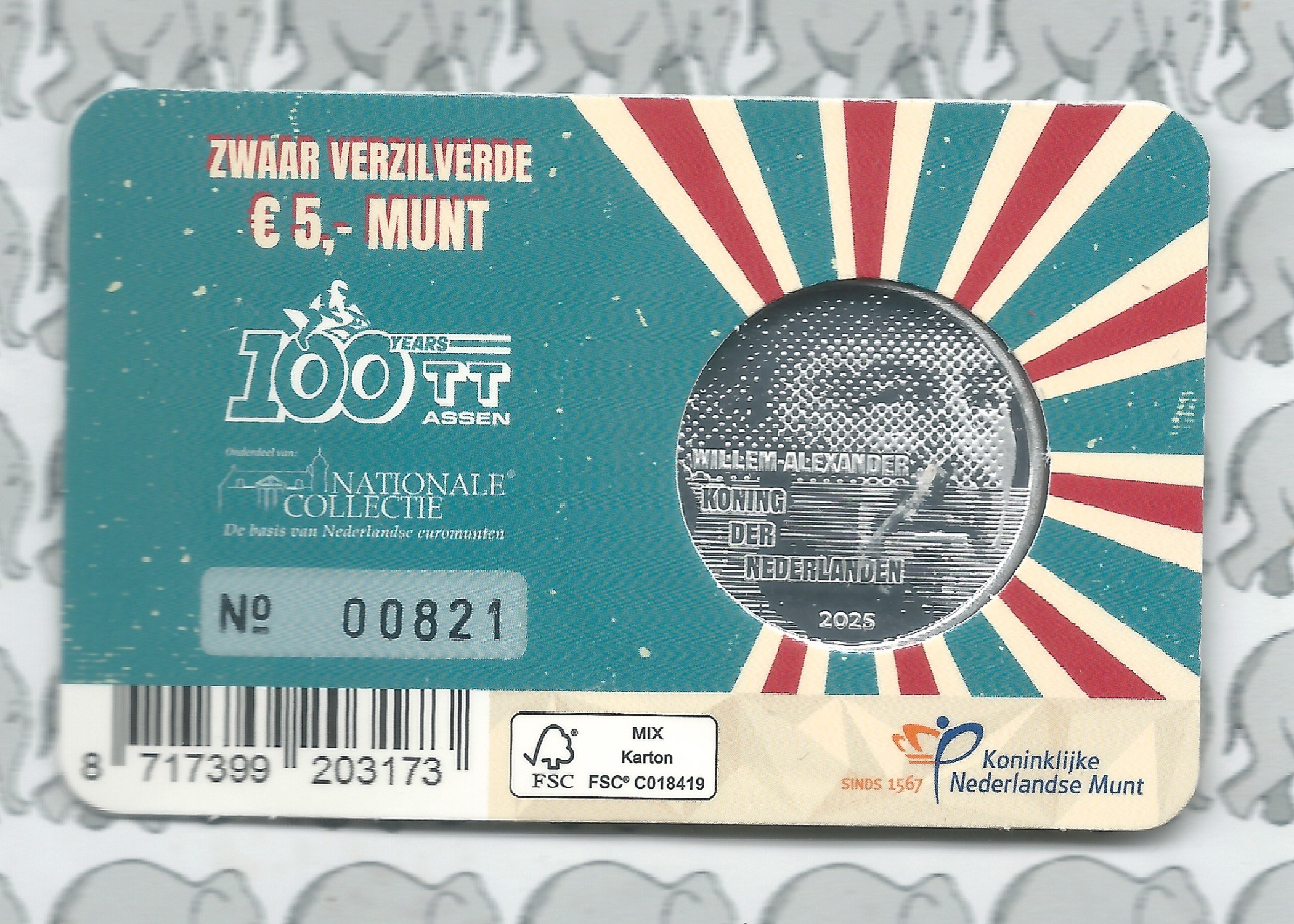 Nederland 5 euromunt 2025 (55e) "100 jaar TT Assen Vijfje" (BU met nummer in coincard)