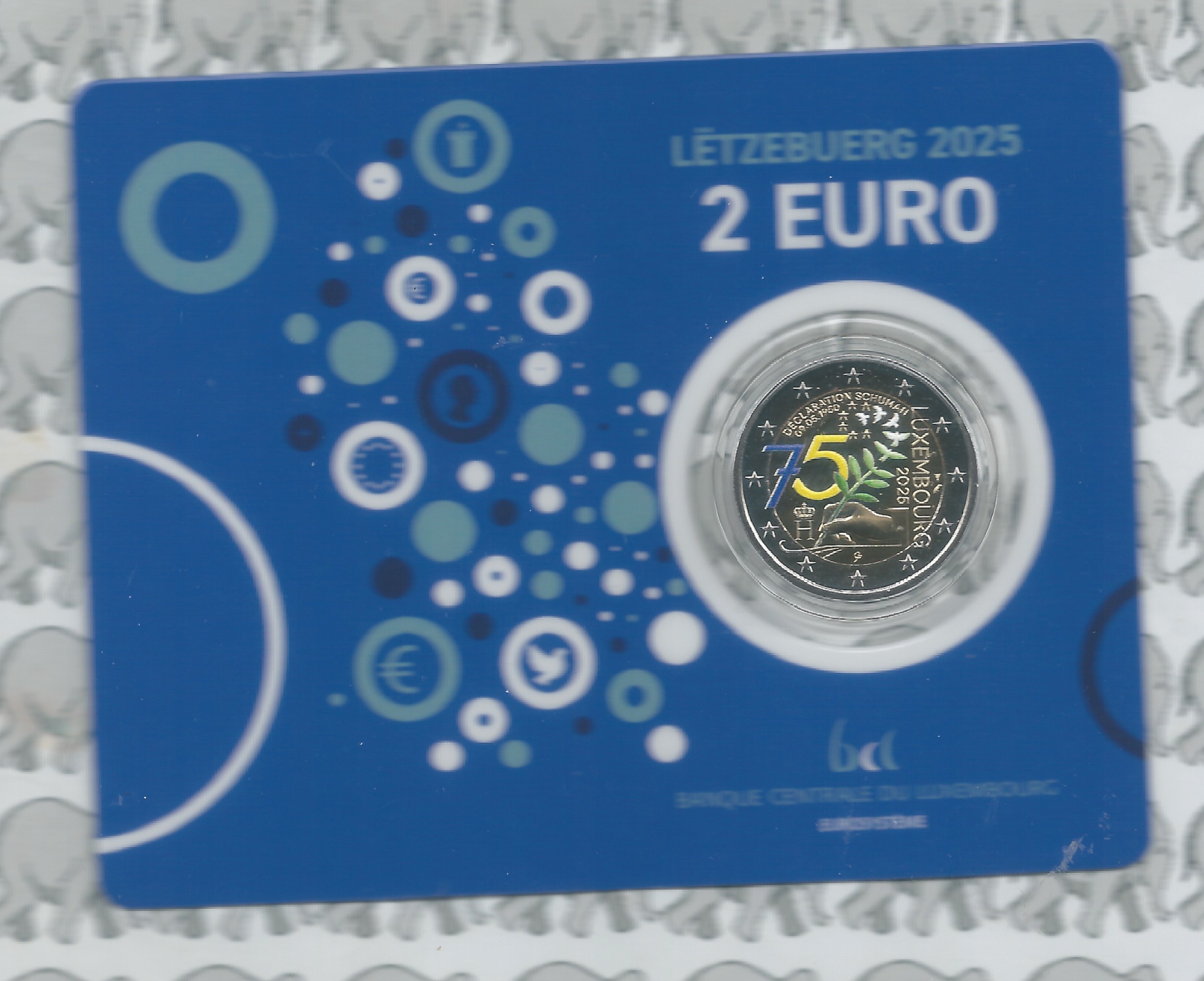 Luxemburg 4 x 2 euromunt CC 2025 in coincard. 2 x "25 Jaar Groothertog Hendrik op de Troon" en 2 x "75 Jaar Schuman Verklaring". Ieder 1 x zonder kleur en 1 x met kleur.